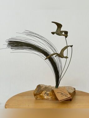 Vintage MCM Brutalist Bijan Bird In Flight Metal Sculpture On Natural Rock Base